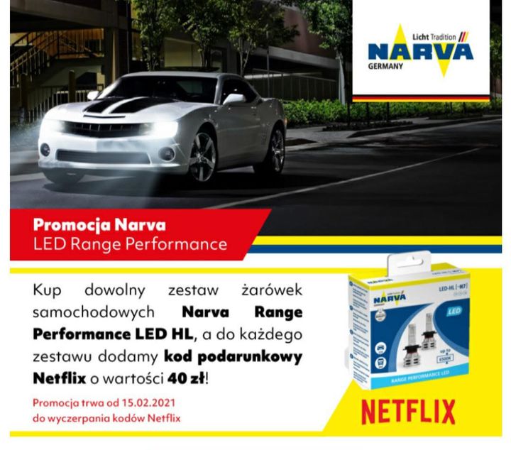 Promocja! Kupując zestaw żarówek Narva LED Range Performance otrzymasz kod podarunkowy NETFLIX o…
